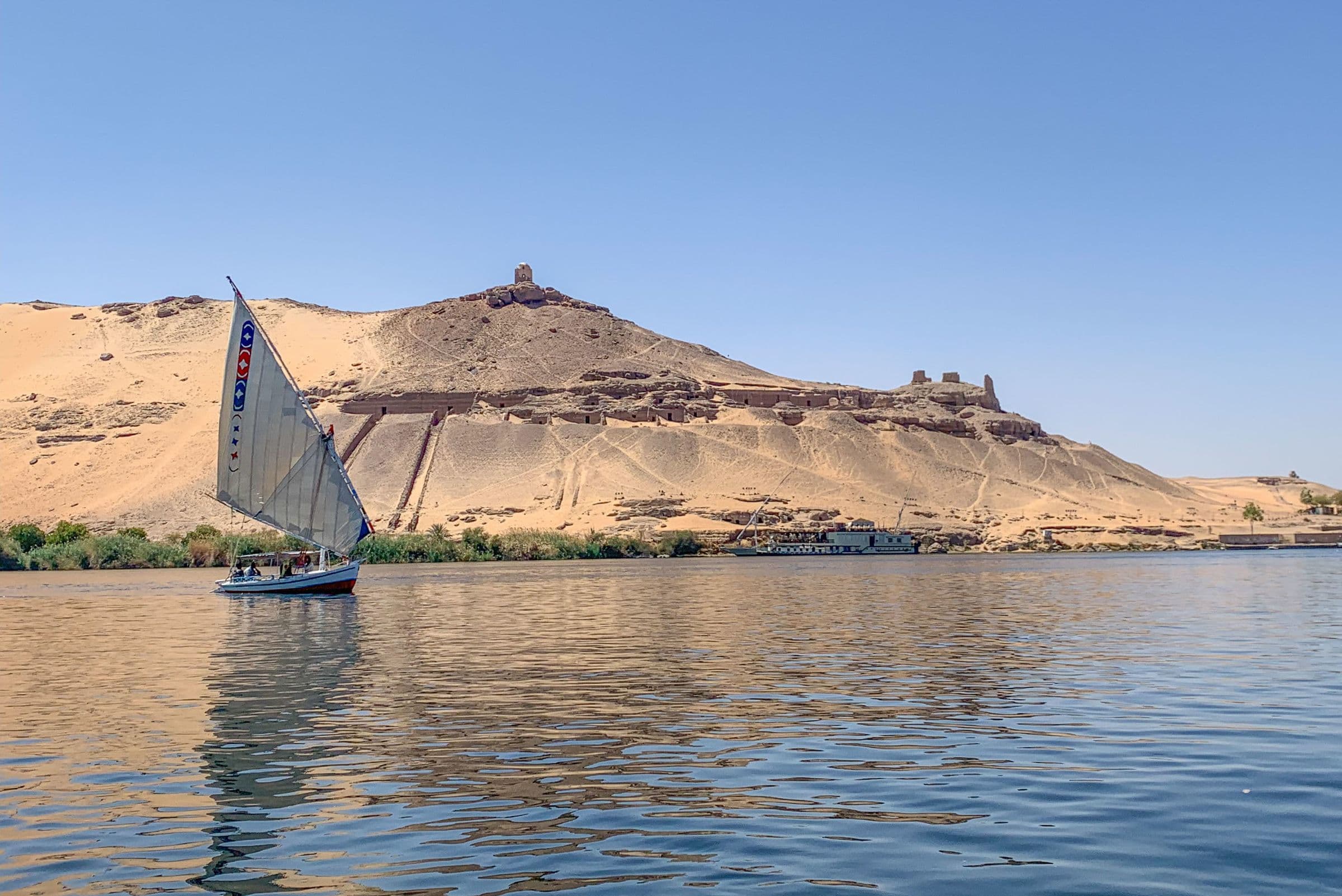 A felucca beneath the Tombs of the Nobles on Aswan’s west bank