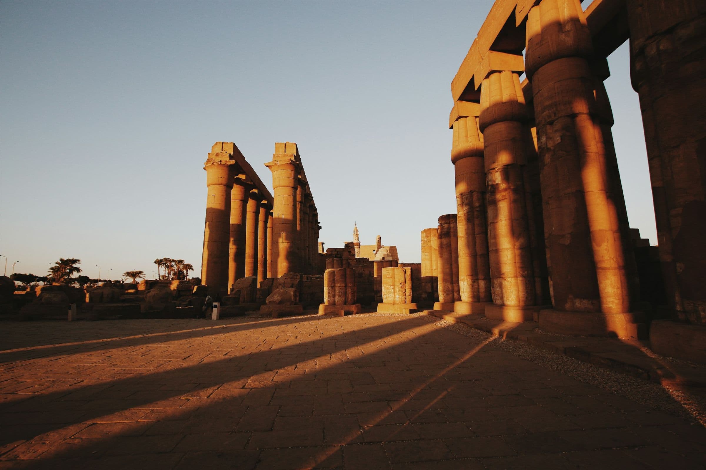 The colonnade of Luxor Temple in warm evening light