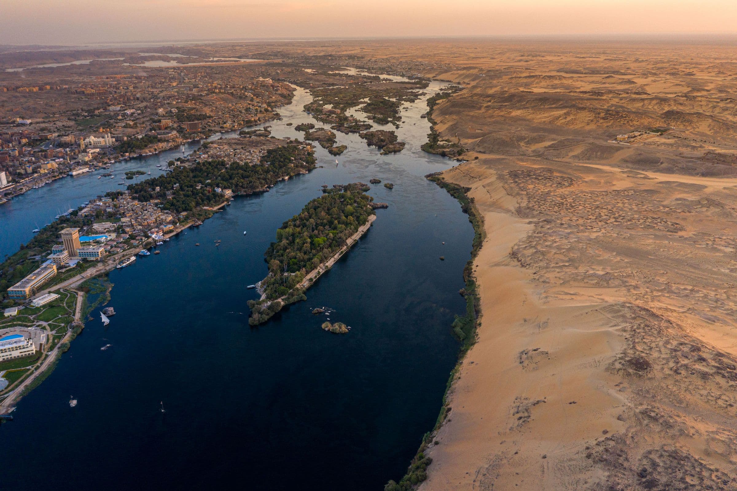 Aerial view of Aswan’s islands and the Nile at sunrise